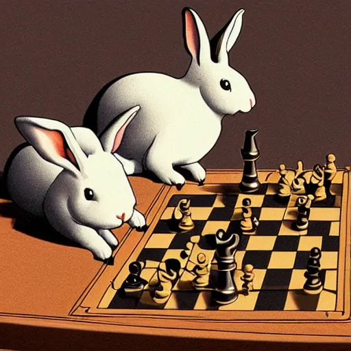 Image similar to concept art of two rabbits playing chess on a rowboat