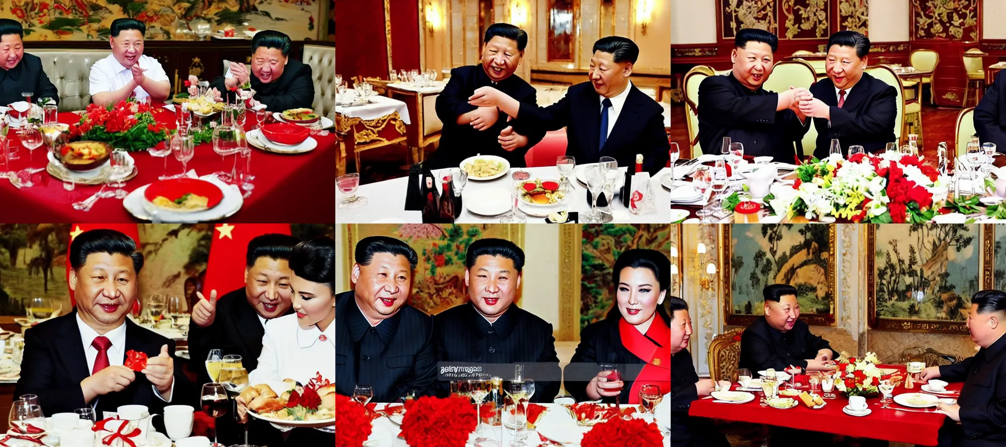 Prompt: Xi Jinping and Kim-Jong Un having a romantic dinner in a french restaurant