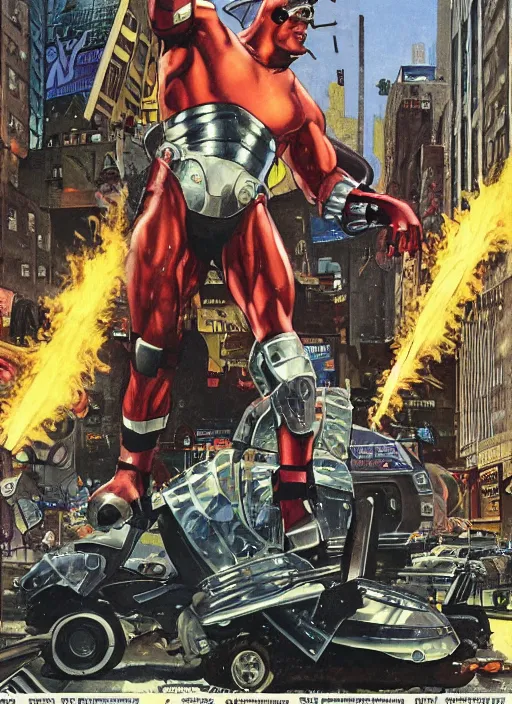 Prompt: huge cyclops in futuristic metal armour smashes up cars in new york street, by norman rockwell and jason fabok and tom lovell and frank schoonover and jack kirby and alex ross