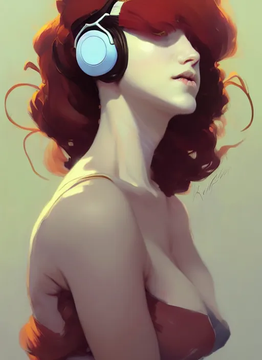 Image similar to beautiful artistic - wave highly detailed full body portrait female, with head phones, long red hair, perfect body anatomy, by atey ghailan, by greg rutkowski, by greg tocchini, by james gilleard, by joe fenton, by kaethe butcher, dynamic lighting, gradient light blue, brown, blonde cream and white color scheme, grunge aesthetic