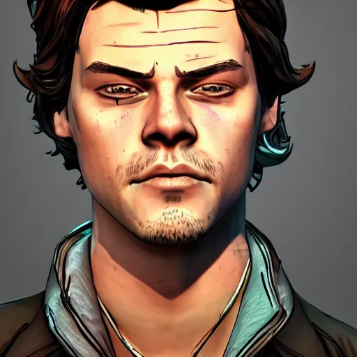 Image similar to harry styles portrait, borderlands, tales from the borderlands, the wolf among us, comic, cinematic lighting, studio quality, 8 k