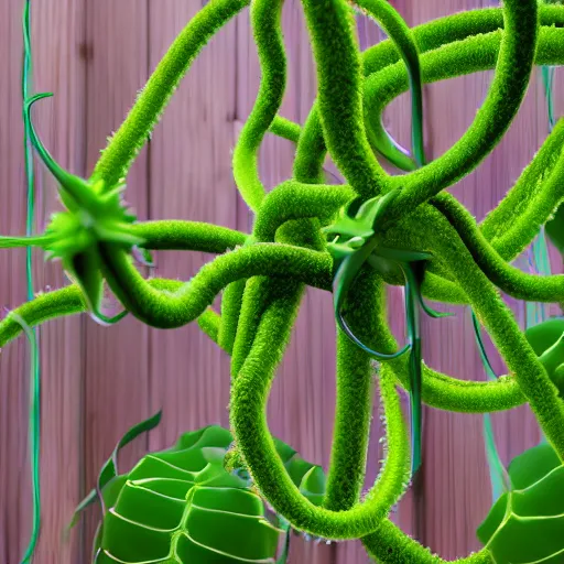 Image similar to wide shot several green and violet poisonous spiked tentacula vines grow from a pot, on wooden table in the ray of sunshine in greenhouse, digital art, hyper realistic, sharp focus, high detailed, calm, warm lighting, by Rutkowsky