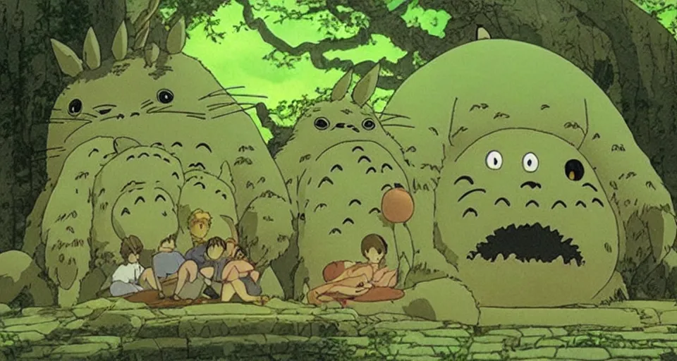 Prompt: Japanese Anime movie, A scene from a Ghibli movie, Totoro looking like Cthulhu.