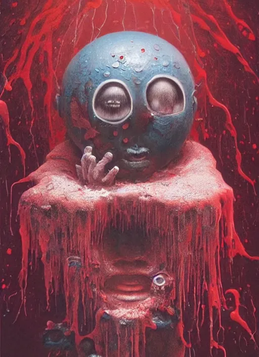 Prompt: a dramatic emotional hyperrealistic pop surrealist oil panting of a sad sobbing grotesque kawaii vocaloid figurine caricature sobbing red in the face uglycrying with tears and snot featured in dead space hill 2 by beksinski made of dripping paint splatters in the style of madballs, 😭 🤮 💕 🎀