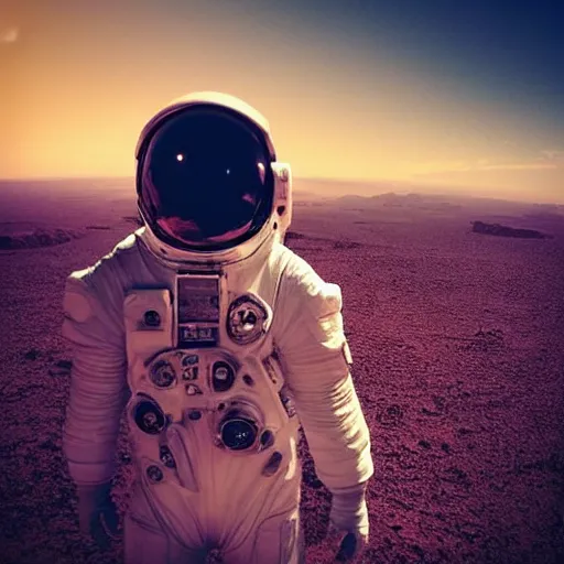 Prompt: “ human astronaut wide shot picture from behind gaze in awe looking at an unknown vast alien city high edifications intricate architecture desert sharp focus art detail lights cinematic hdr vibrant colors ”