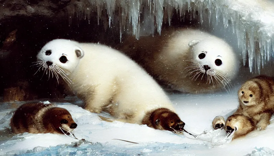 Image similar to highly detailed closeup painting of cute furry white baby seals eating fish inside a snowy fantasy ice crystal cavern by william turner, by greg rutkowski, by william constable, thick brush strokes and visible paint layers, 4 k resolution