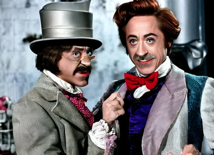 Image similar to film still of Robert Downey Jr as Willy Wonka in Willy Wonka and the Chocolate Factory 1971