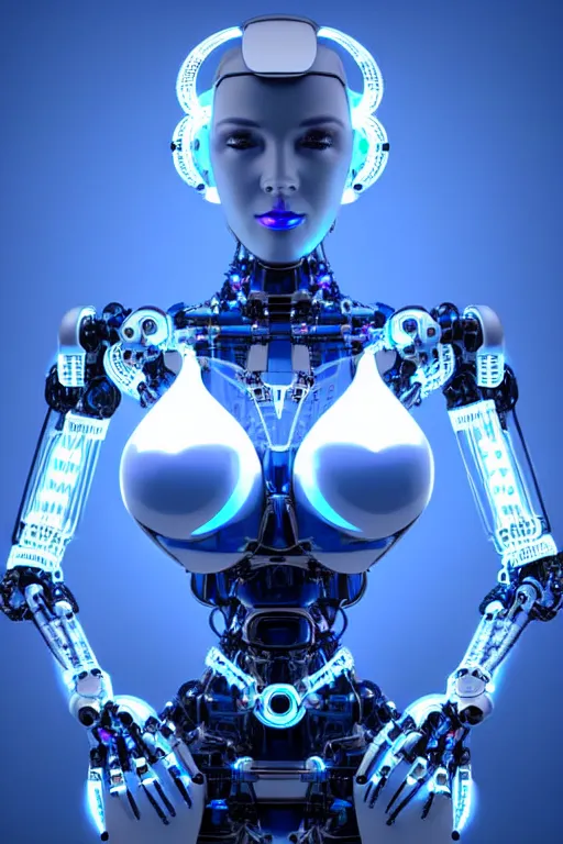 Image similar to a stunning robot woman with cybernetic enhancements, wires, led lights, glowing lights, futuristic, 3 d render