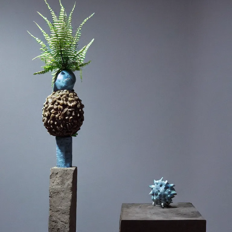 Prompt: hyperrealistic sculpture of a distressed bronze ancient fossilized echinoderm urchin dusted with opalescent blue spraypaint and ferns in a nylon grid cage on a pedestal by ron mueck and duane hanson and lee bontecou, hyperrealistic dramatic colored lighting trending on artstation 8 k