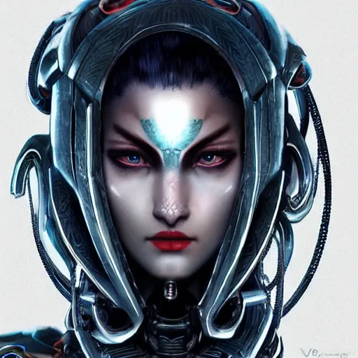 Image similar to a mech version of asian medusa, with a septum nose ring piercing, very symmetrical, highly detailed, by vitaly bulgarov, by joss nizzi, by ben procter, by steve jung, concept art, quintessa, metal gear solid, transformers cinematic universe, concept art world, pinterest, artstation, unreal engine