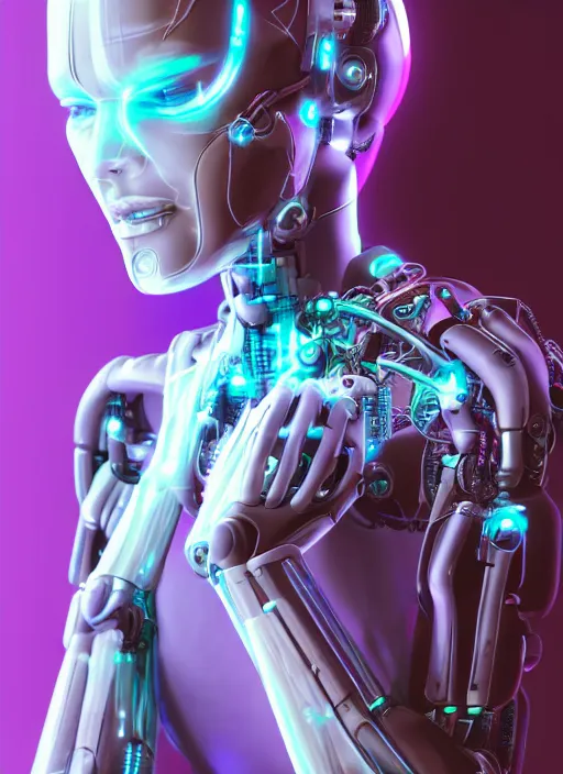 Prompt: photorealistic detailed full body picture of a female cyborg, pretty face, with head arms legs feet and hands, glamour pose, neon lights, humanoid, extreme, uhdr, book called the most influental cyborg in 2 0 5 0, fine details, highly detailed, intricate, smooth sharp focus, symmetrical features, environmental portrait, realistic render