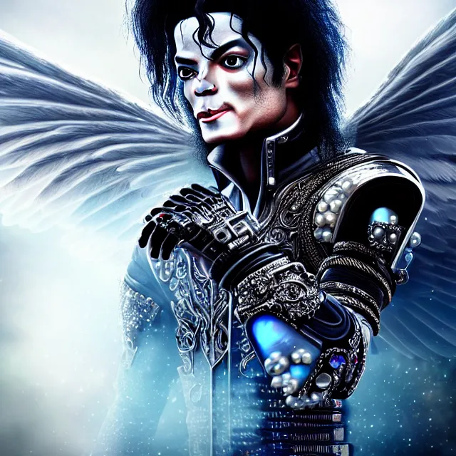 Image similar to beautiful!! futuristic cyberpunk michael jackson angel warrior with ornate slick pearl armor, highly detailed 8 k hdr smooth sharp focus high resolution award - winning photo photorealistic