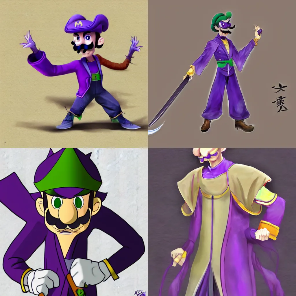 Prompt: waluigi as a character in a japanese fantasy RPG, concept art