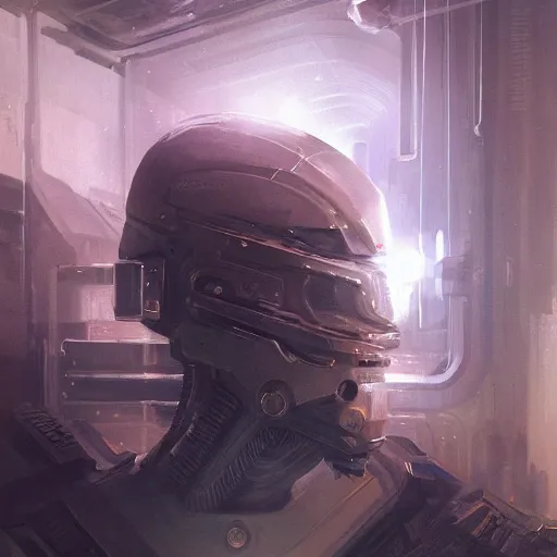 Image similar to portrait scifi art by Greg Rutkowski, a man wearing futuristic riot control gear, claustrophobic and futuristic environment, detailed and intricate environment, high technology, highly detailed portrait, digital painting, artstation, concept art, smooth, sharp foccus ilustration, Artstation HQ