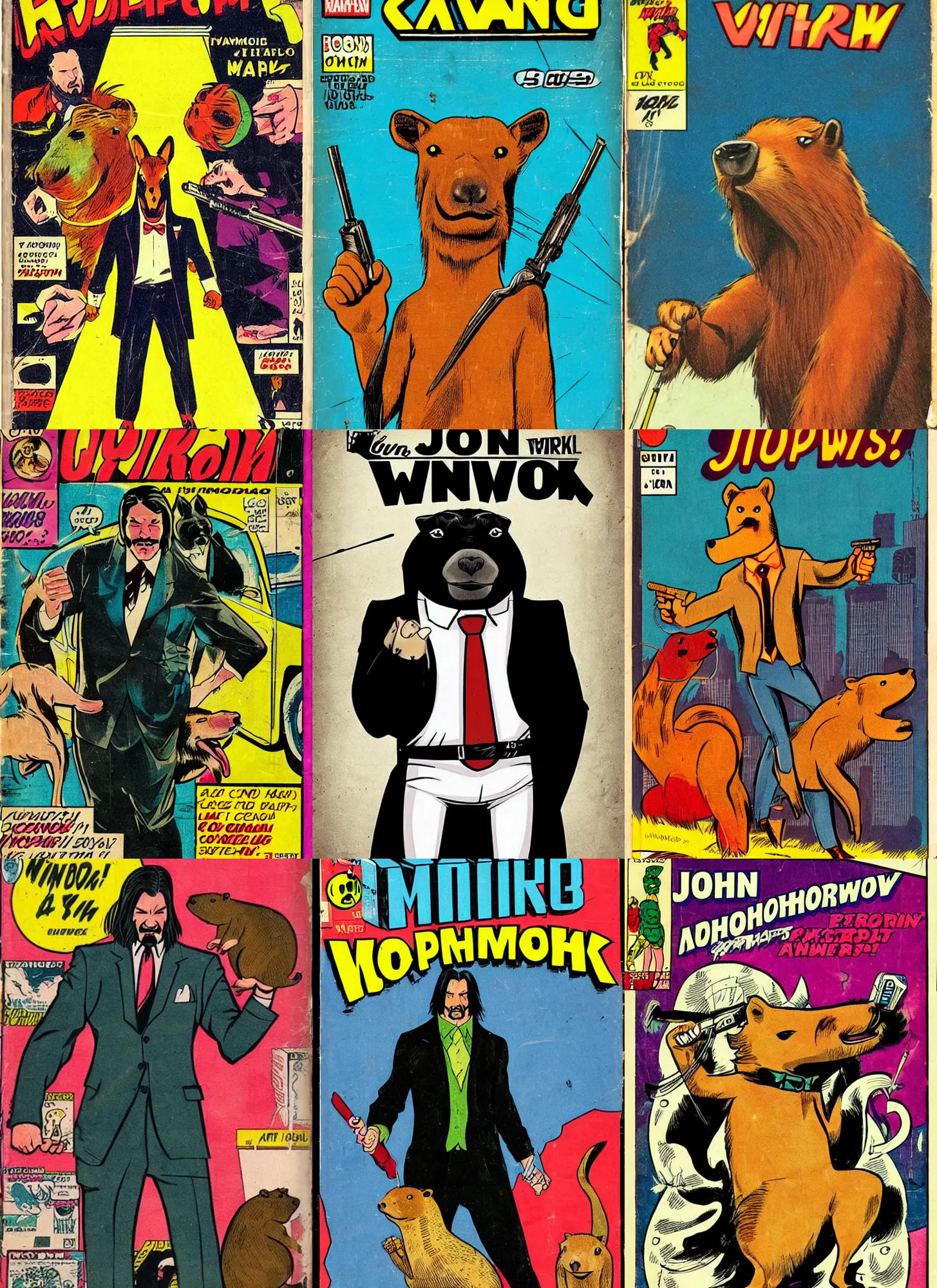 Prompt: retro comic book cover of an anthropomorphic capybara as john wick