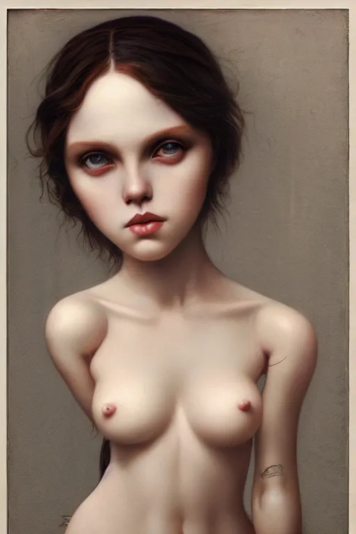 Image similar to a beautiful portrait of a single lonely dollpunk female posing, detailed, realistic eyes, symmetry body features proportions, award winning, by Tom Bagshaw