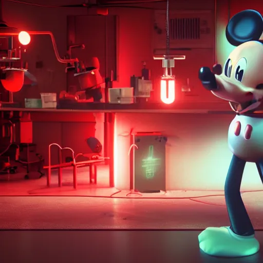 Image similar to render of mechanics working on bloody mickey mouse head in facility laboratory, with glowing red netflix logo, low light with only 1 mint and 1 red light, made by beeple, cgsociety, octane render, unreal engine, cinema 4 d, artstation, 4 k highly detailed art