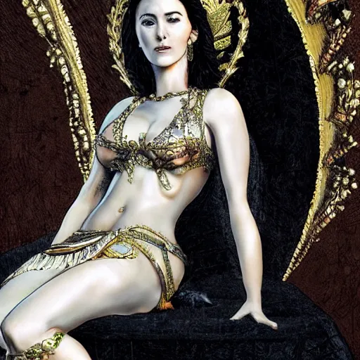 Prompt: Monica Bellucci as a Goddess sitting on a throne, up close, Highly detailed, concept art