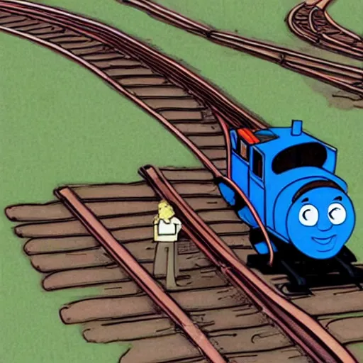 Image similar to A representation of the trolley problem featuring Thomas the Tank engine: should you pull the lever to divert the runaway trolley onto the side track?