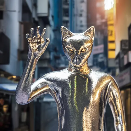 Image similar to a t - 1 0 0 0 cat made of liquid metal walking in the streets of hong kong and hugging a man, volumetric lighting, sharp focus, ultra detailed, cgsociety - w 1 0 2 4 - n 8 - i