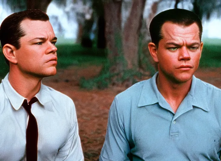 Prompt: film still of matt damon as forrest gump in forrest gump, 4 k