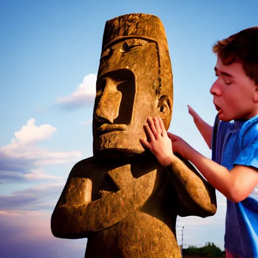 Image similar to a very disgusted and crying kid holding and looking an ice cream cone with a small moai statue in the cone, 4 k photograph