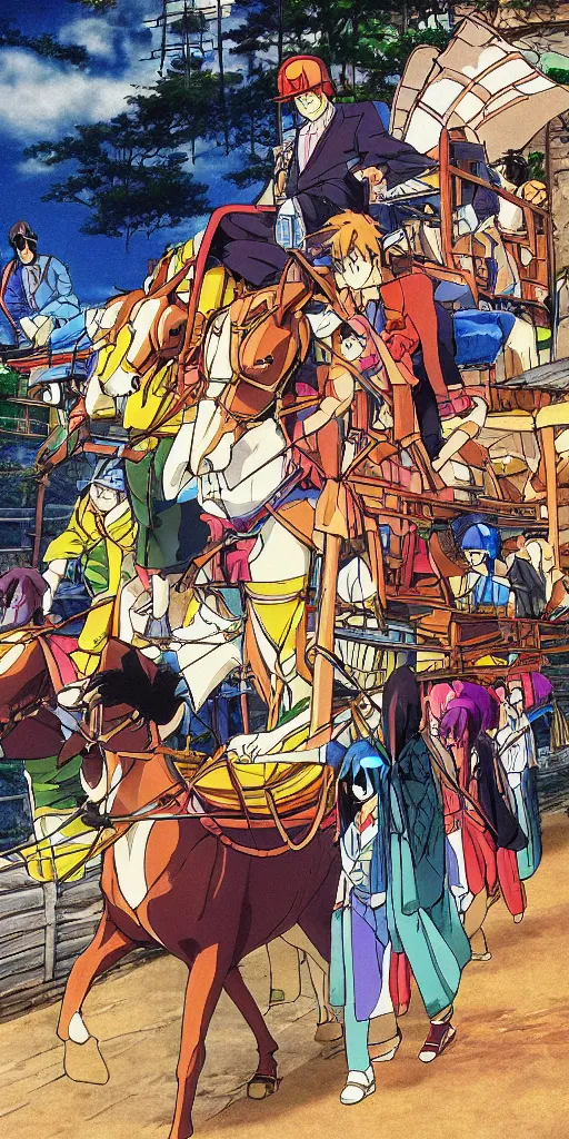Prompt: a chariot drawn by horses in japan, 1990s anime, full color,