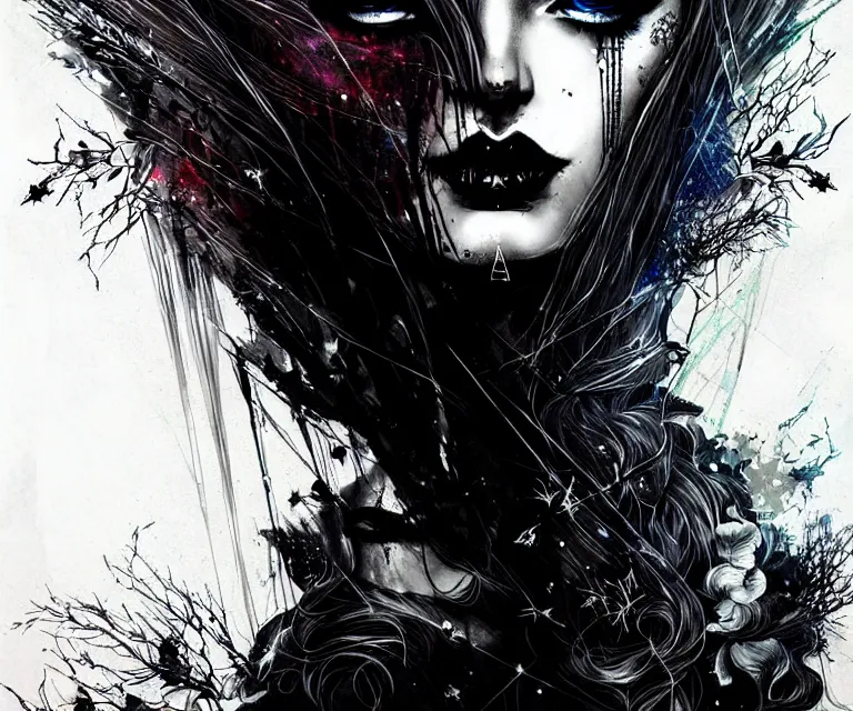 Image similar to stunning otherworldly gothic goddess of beauty, dark and mysterious, atmospheric, ominous, eerie, cinematic, epic, 8 k, 4 k, ultra detail, ultra realistic, rendered by awesomeness. nights falling wind is blowwing snow is pilling concept art in style of carne griffiths artwork by xsullo