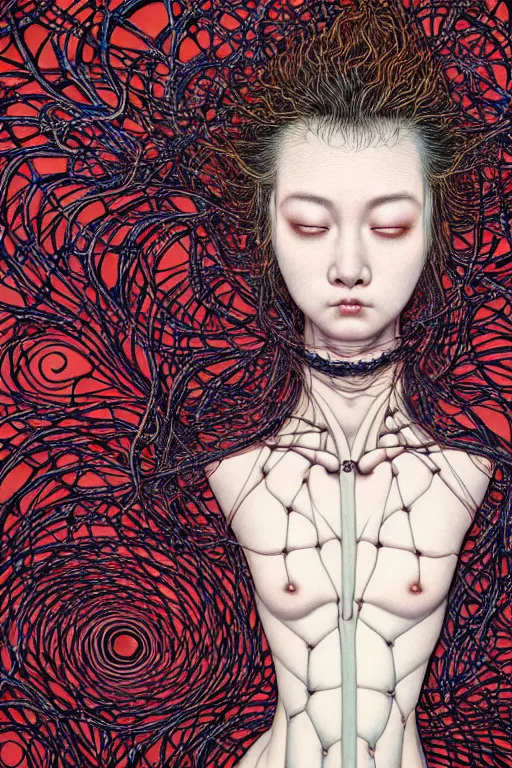 Image similar to realistic detailed image of a woman in a stray jacket laying in a padded room, conjuring psychedelic background, part by takato yamamoto, part by alex gray, ross tran, james jean, ultra realistic, octane render, highly detailed, very cohesive, 8 k, trending on artstation, cosmic, masterpiece