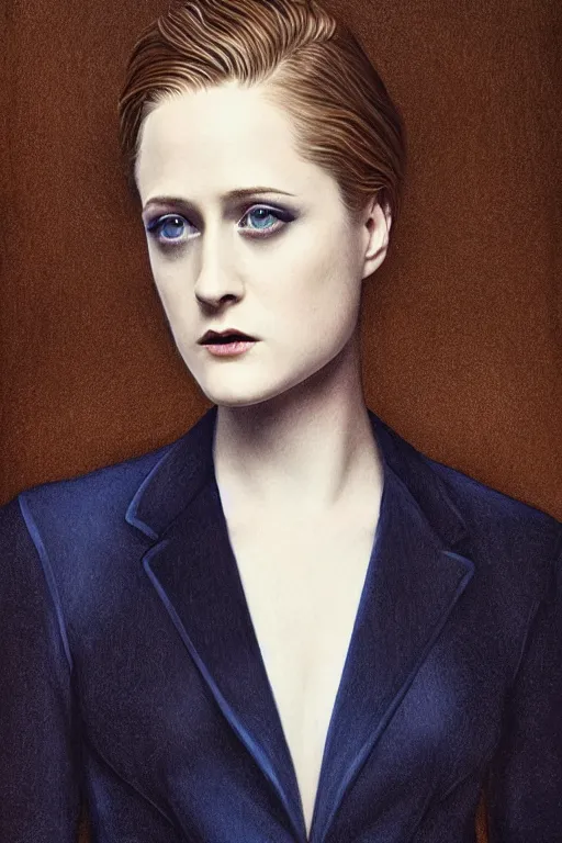 Image similar to majestic and regal portait of evan rachel wood wearing a navy blue pantsuit, dark brown straight hair, dystopian, beautiful, intricate, epic, elegant, highly detailed, digital painting, hard focus, beautiful volumetric lighting, epic light, ultra detailed, by leesha hannigan, ross tran, thierry doizon, kai carpenter, ignacio fernandez rios