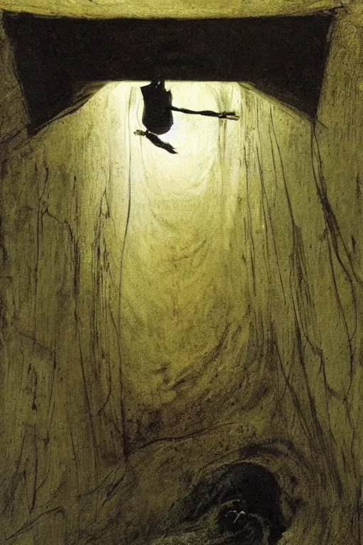 Image similar to Andrew Wyeth artwork, A man with a wooden box under his arm stands inside a dark tunnel, looking up with an expression of horror