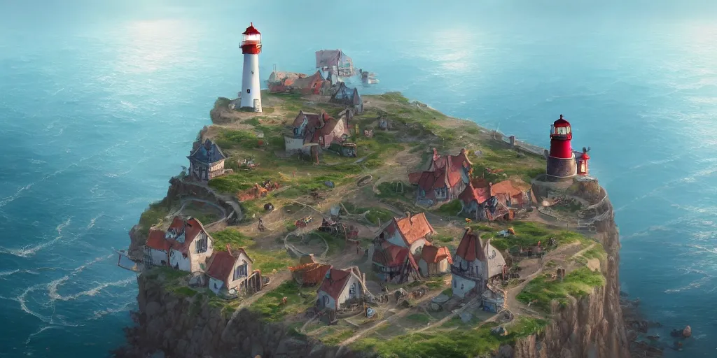 Prompt: Very small fantasy village on a cape with a lighthouse, fishing boats, view from above. In style of Greg Rutkowski, Jesper Ejsing, Makoto Shinkai, trending on ArtStation, fantasy, great composition, concept art, highly detailed, scenery, 8K, Behance.