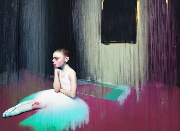 Image similar to portrait of nervous young girl ballerina sitting on the floor focusing in a dance hall by beeple and hernan bas and francis bacon and pat steir and hilma af klint, psychological, photorealistic, symmetrical face, dripping paint, washy brush, matte painting, rendered in octane, altermodern, masterpiece