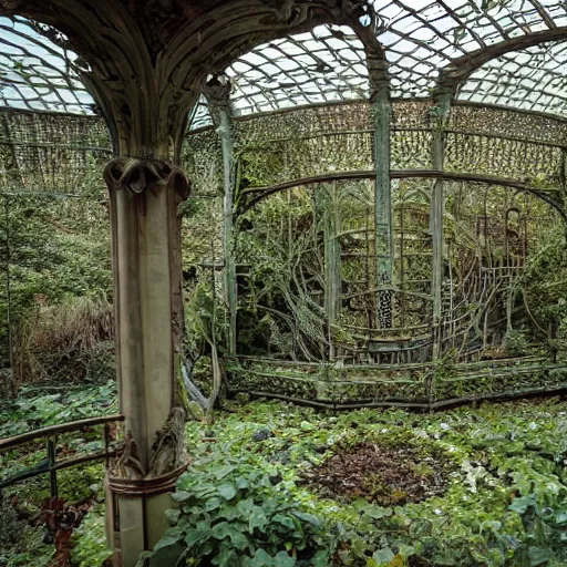 Image similar to abandoned overgrown art nouveau winter garden, epic details
