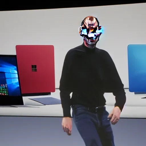 Prompt: Steve Jobs unviels the new surface laptop at a microsoft event