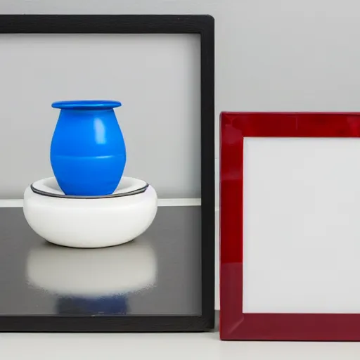 Image similar to an ultra high definition professional studio photograph, 5 0 mm f 1. 4 iso 1 0 0. the photo is set in a plain empty white studio room with a plain white plinth centrally located. the photo depicts an object on the plinth framed centrally. the object is a cup. the cup is coloured red and blue.