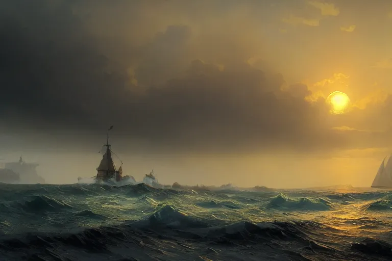 Image similar to a sunset and heavy sea in style of Aivazovskiy, hypermaximalistic, high details, cinematic, 8k resolution, beautiful detailed, insanely intricate details, artstation trending, octane render, unreal engine,