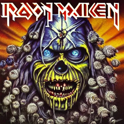 Image similar to an album cover for iron maiden record called flowers by derek riggs, realistic, insanely detailed illustration, hd