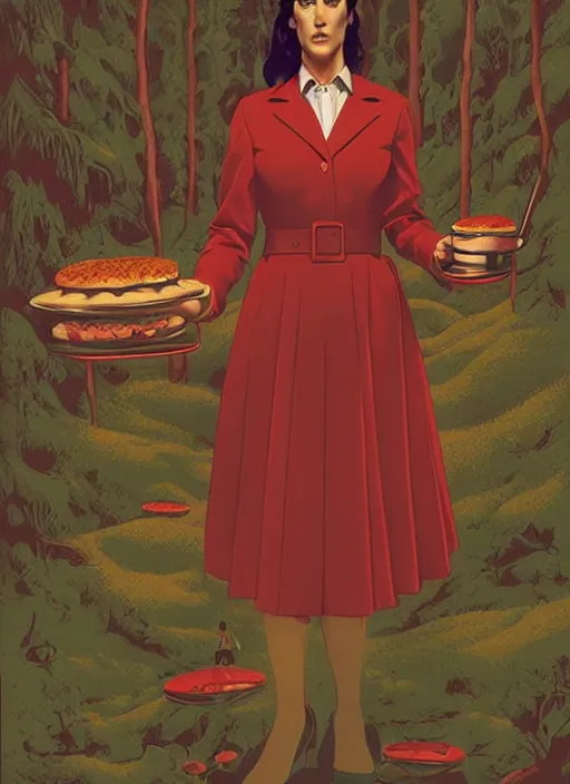 Prompt: poster artwork by Michael Whelan and Tomer Hanuka, Karol Bak of Jennifer Connelly wearing RR Double R diner waitress dress uniform, from scene from Twin Peaks, clean