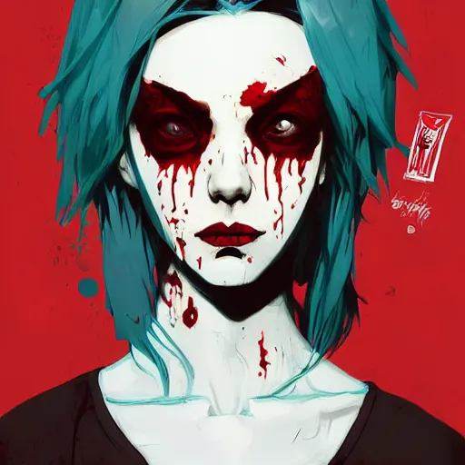 Prompt: Highly detailed portrait of a punk zombie young lady by Atey Ghailan, by Loish, by Bryan Lee O'Malley, by Cliff Chiang, inspired by iZombie, inspired by graphic novel cover art !!!red, brown, black and white color scheme ((dark blue moody background))