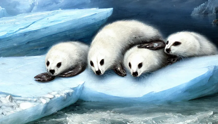 Image similar to highly detailed painting of cute furry white baby seal badgers cuddling into each other on a blue and white iceberg by william turner, by greg rutkowski, by william constable, thick brush strokes and visible paint layers, 4 k resolution