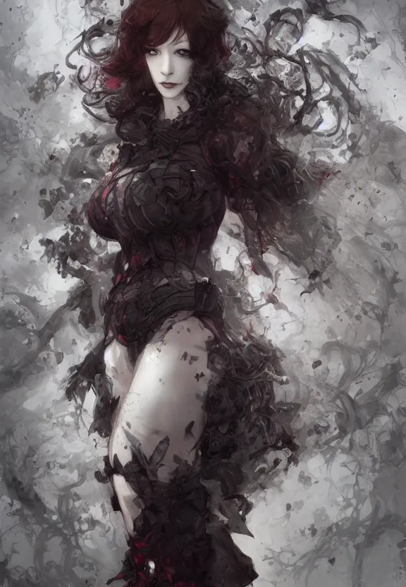 Image similar to christina hendricks!!!!! goth!!!!!, tankoban, 4 k, tone mapping, akihiko yoshida, james jean andrei riabovitchev marc simonetti, yoshitaka amano, long hair, curly, h. hydrochaeri