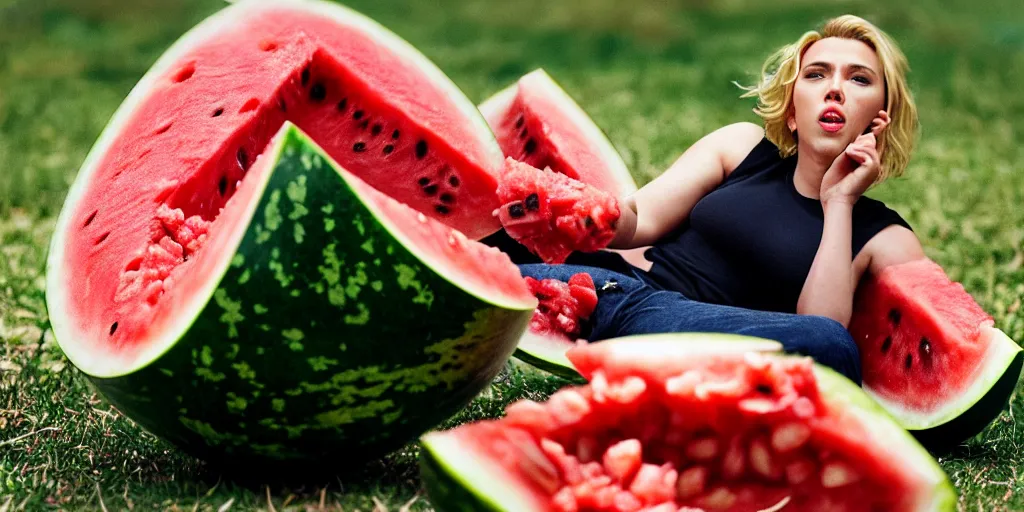 Image similar to scarlett johansson kicking and smashing a watermelon, film still, highly detailed, film grain, behind the scenes, photorealism