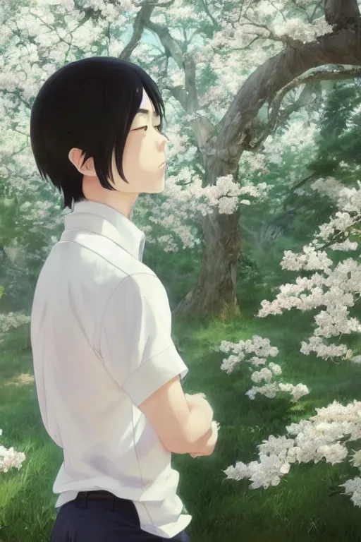 Prompt: a beautiful charming and dreamlike japanese boy in white shirt, sakura background, character art, art by makoto shinkai, artgerm lau and kyoung hwan kim and and ilya kuvshinov and john singer sargent, hyperdetailed, 8 k realistic, symmetrical, frostbite 3 engine, cryengine, dof, trending on artstation, digital art