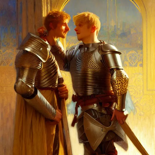 Image similar to attractive arthur pendragon and his attractive male knight, they are in love, natural lighting, path traced, highly detailed, high quality, digital painting, by gaston bussiere, craig mullins, alphonse mucha j. c. leyendecker