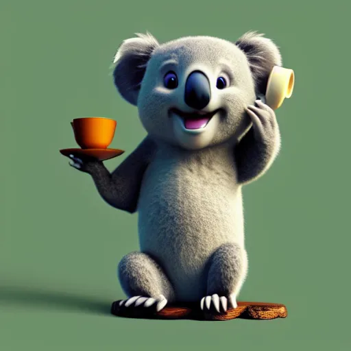 Image similar to cute koala bear holding a tea cup on a tree. pixar disney 4 k 3 d render funny animation movie oscar winning trending on artstation and behance. ratatouille style.