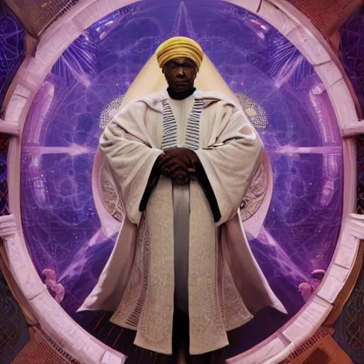 Image similar to symmetry!! an african moor wearing white robes and turban entering the voidspace. ornate, golden, steampunk stargate. front game card. marvel comics. dark. intricate. highly detailed. smooth. artstation. digital illustration by ruan jia, mandy jurgens, artgerm, wayne barlowe, greg rutkowski, and zdislaw beksinsk.