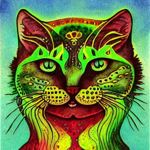 Image similar to a green cat's face, sci-fi watercolor by Louis William Wain,