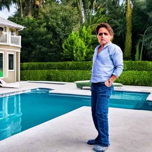 Image similar to emilio estevez with no hair standing above the water of a pool next to a house