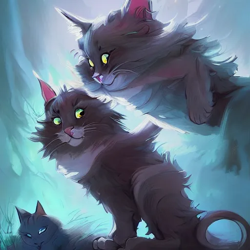 Prompt: two cats, one big and dark gray maine coon, one small and black fanart ornate fantasy ori and the blind forest cover style official behance hd artstation by Jesper Ejsing, by RHADS, Makoto Shinkai and Lois van baarle, ilya kuvshinov, rossdraws pastel vibrant